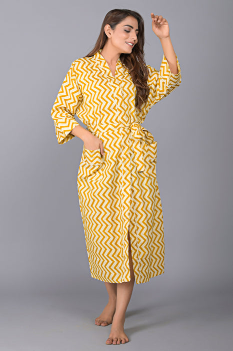 Zig Zag Pattern Kimono Robe Long Bathrobe For Women (Mustard)-KM-137