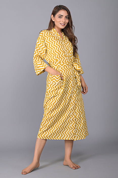 Zig Zag Pattern Kimono Robe Long Bathrobe For Women (Mustard)-KM-137