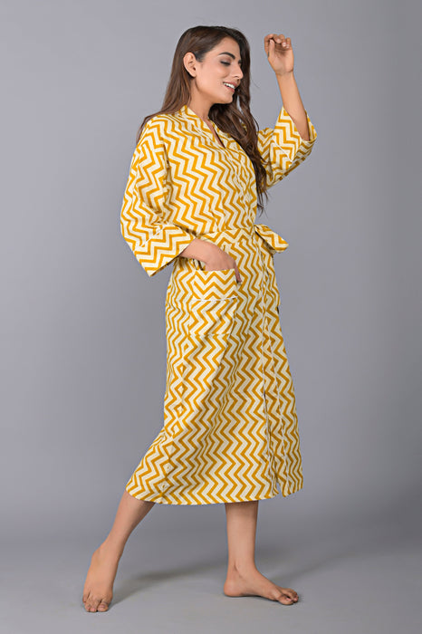 Zig Zag Pattern Kimono Robe Long Bathrobe For Women (Mustard)-KM-137