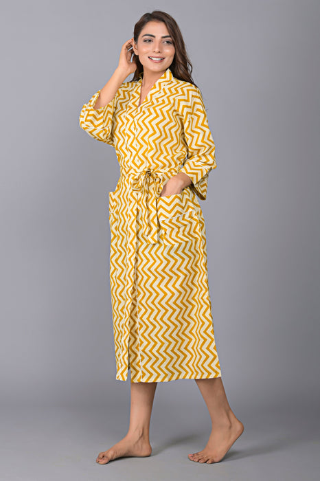 Zig Zag Pattern Kimono Robe Long Bathrobe For Women (Mustard)-KM-137