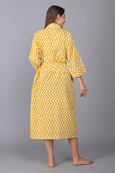 Zig Zag Pattern Kimono Robe Long Bathrobe For Women (Mustard)-KM-137