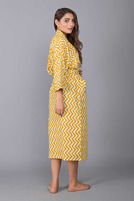 Zig Zag Pattern Kimono Robe Long Bathrobe For Women (Mustard)-KM-137