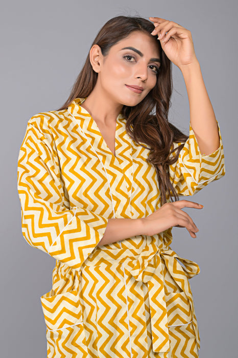 Zig Zag Pattern Kimono Robe Long Bathrobe For Women (Mustard)-KM-137