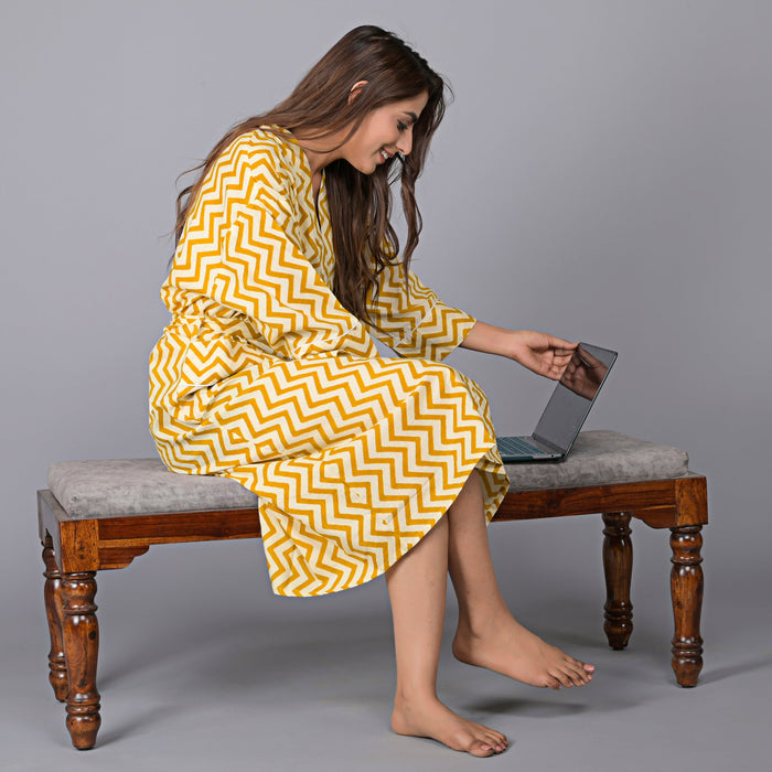 Zig Zag Pattern Kimono Robe Long Bathrobe For Women (Mustard)-KM-137