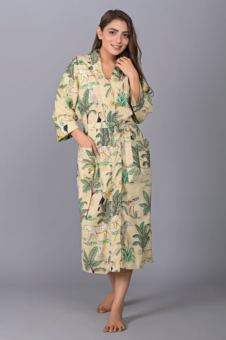 Jungle Pattern Kimono Robe Long Bathrobe For Women (Beige)-KM-144