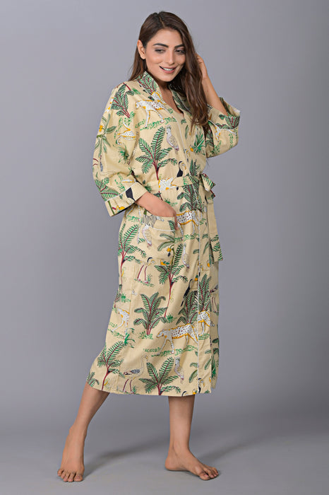 Jungle Pattern Kimono Robe Long Bathrobe For Women (Beige)-KM-144