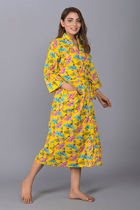 Bird Pattern Kimono Robe Long Bathrobe For Women (Yellow)-KM-147