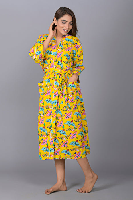 Bird Pattern Kimono Robe Long Bathrobe For Women (Yellow)-KM-147