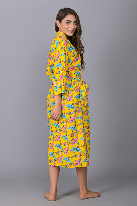 Bird Pattern Kimono Robe Long Bathrobe For Women (Yellow)-KM-147