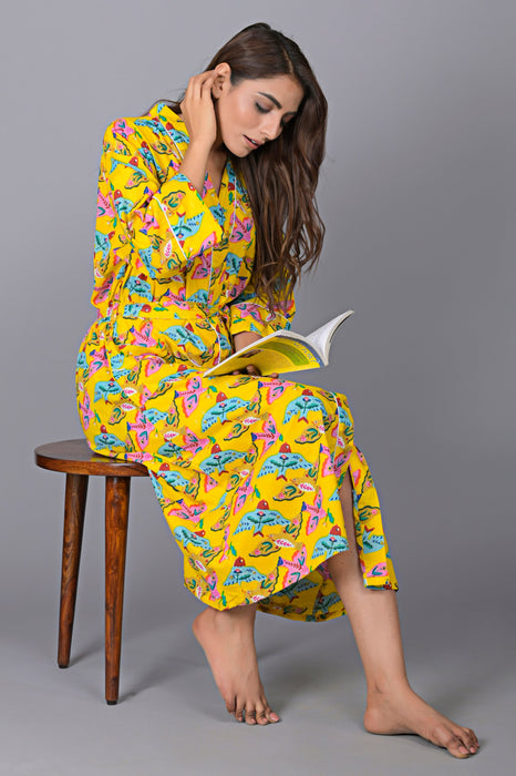 Bird Pattern Kimono Robe Long Bathrobe For Women (Yellow)-KM-147