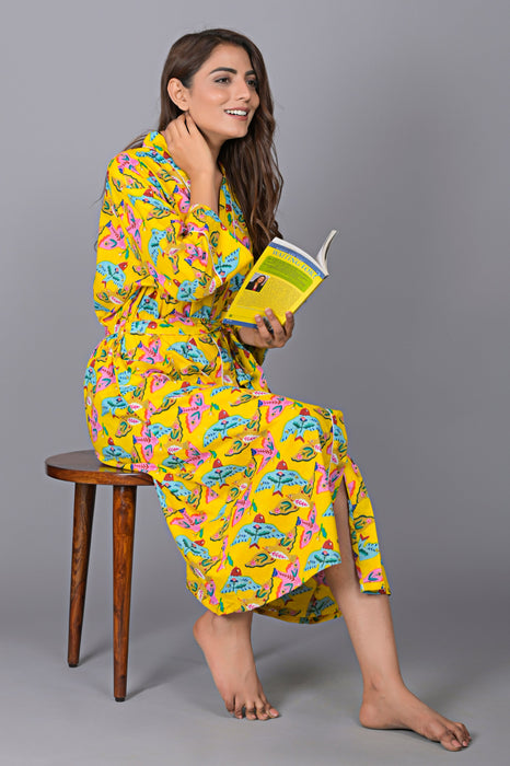 Bird Pattern Kimono Robe Long Bathrobe For Women (Yellow)-KM-147