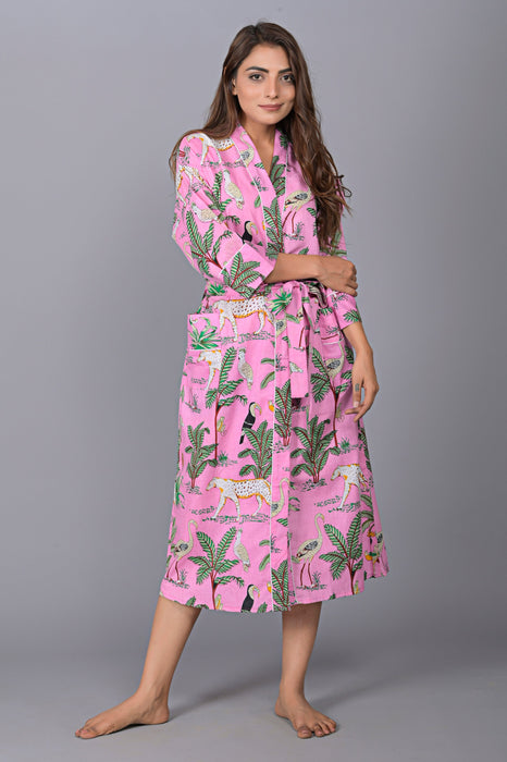 Jungle Pattern Kimono Robe Long Bathrobe For Women (Pink)-KM-138