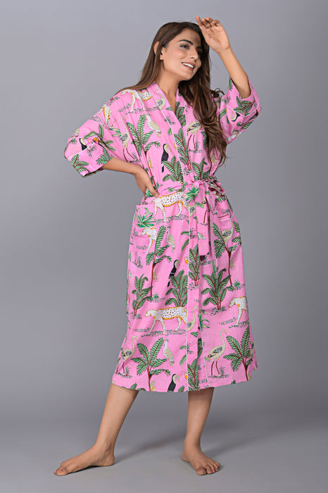 Jungle Pattern Kimono Robe Long Bathrobe For Women (Pink)-KM-138