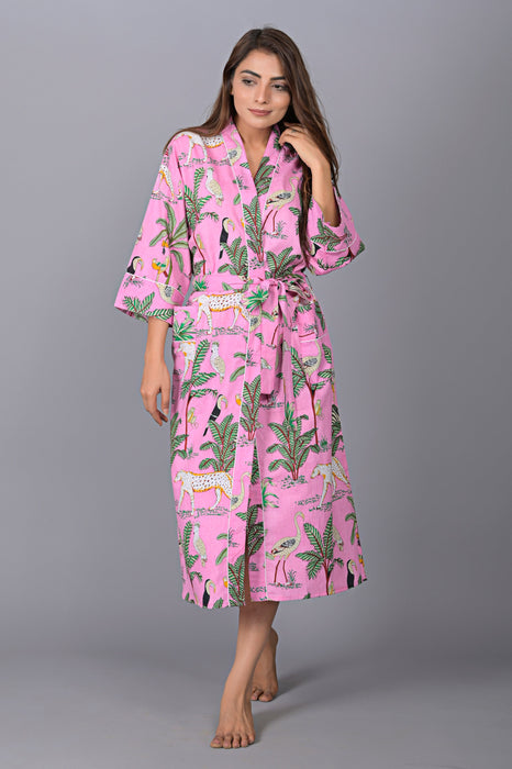 Jungle Pattern Kimono Robe Long Bathrobe For Women (Pink)-KM-138