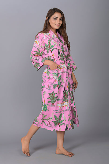 Jungle Pattern Kimono Robe Long Bathrobe For Women (Pink)-KM-138