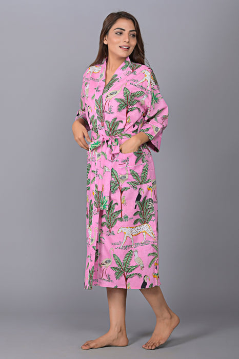 Jungle Pattern Kimono Robe Long Bathrobe For Women (Pink)-KM-138