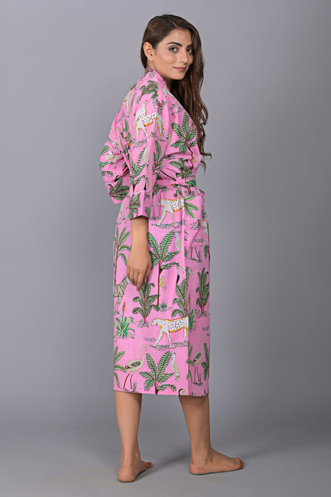 Jungle Pattern Kimono Robe Long Bathrobe For Women (Pink)-KM-138