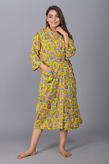 Floral Pattern Kimono Robe Long Bathrobe For Women (Yellow)-KM-145