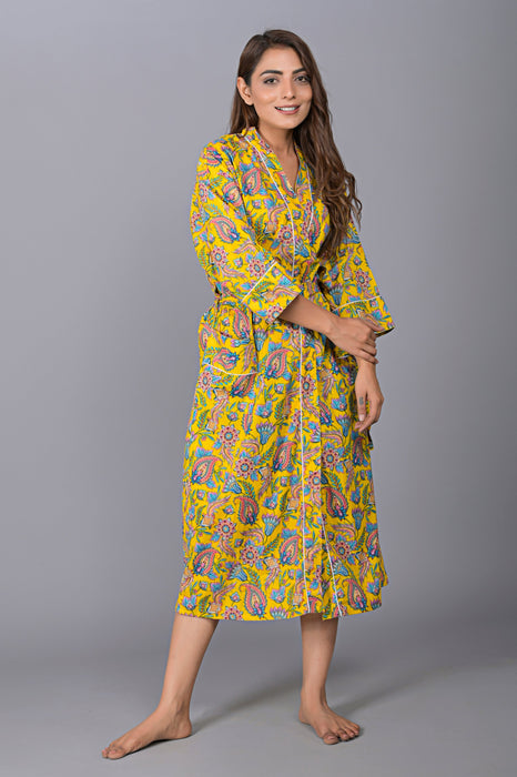 Floral Pattern Kimono Robe Long Bathrobe For Women (Yellow)-KM-145