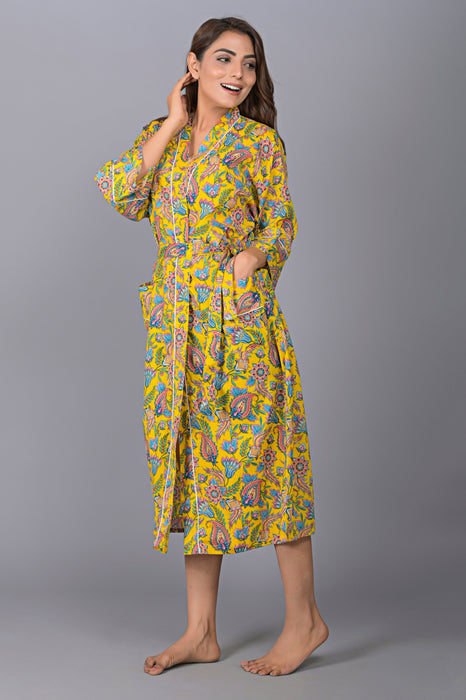 Floral Pattern Kimono Robe Long Bathrobe For Women (Yellow)-KM-145