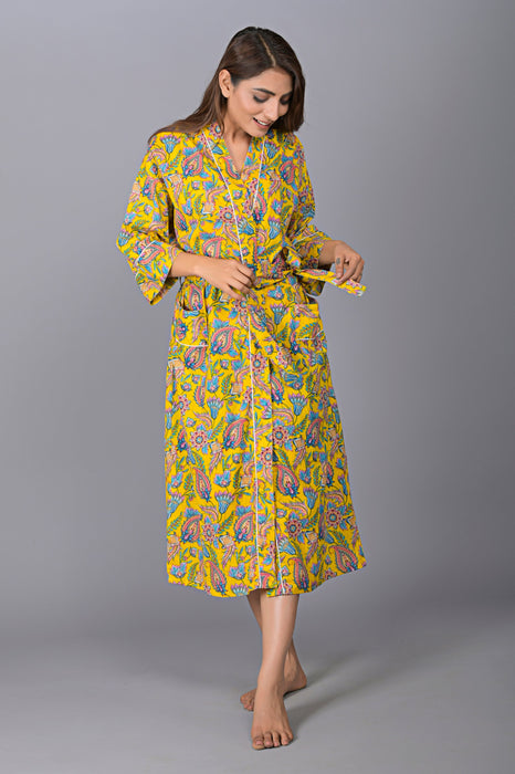 Floral Pattern Kimono Robe Long Bathrobe For Women (Yellow)-KM-145