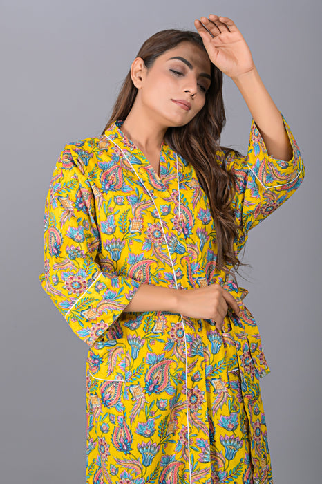 Floral Pattern Kimono Robe Long Bathrobe For Women (Yellow)-KM-145