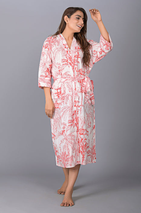 Animal Pattern Kimono Robe Long Bathrobe For Women (Red)-KM-139