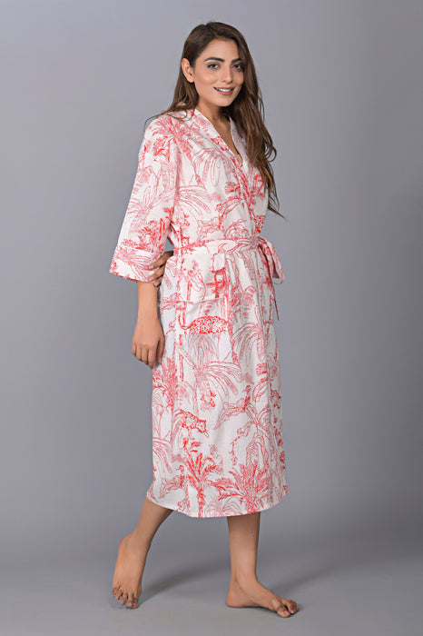 Animal Pattern Kimono Robe Long Bathrobe For Women (Red)-KM-139