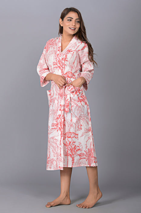 Animal Pattern Kimono Robe Long Bathrobe For Women (Red)-KM-139