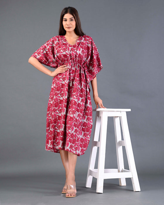 Shoolin Red Cotton Kaftan Printed Midi Dress- KF-1