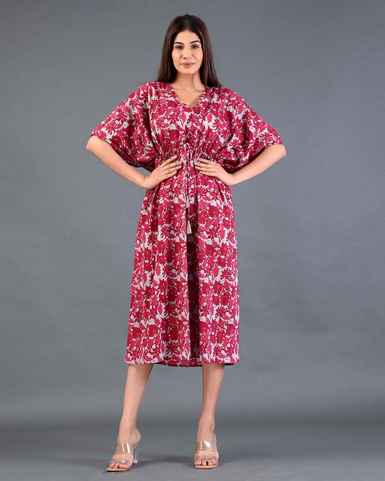 Shoolin Red Cotton Kaftan Printed Midi Dress- KF-1