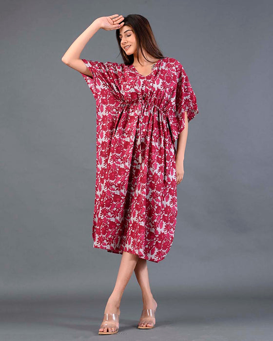 Shoolin Red Cotton Kaftan Printed Midi Dress- KF-1