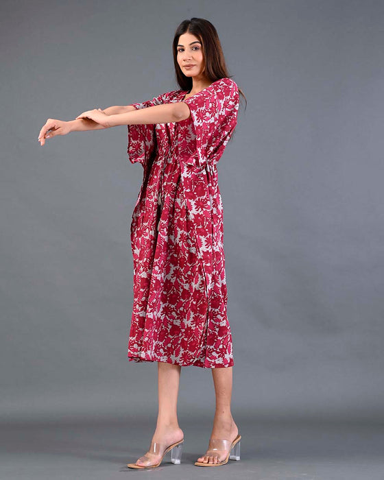 Shoolin Red Cotton Kaftan Printed Midi Dress- KF-1