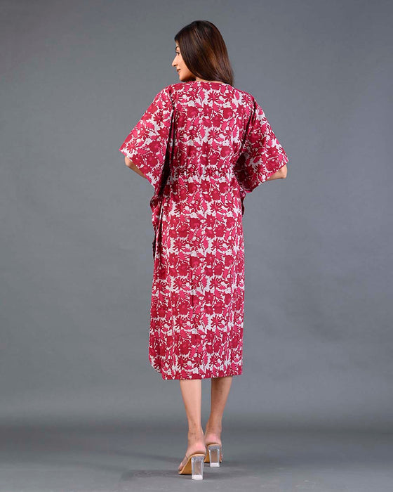 Shoolin Red Cotton Kaftan Printed Midi Dress- KF-1