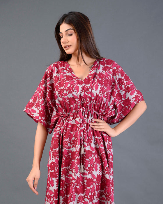 Shoolin Red Cotton Kaftan Printed Midi Dress- KF-1