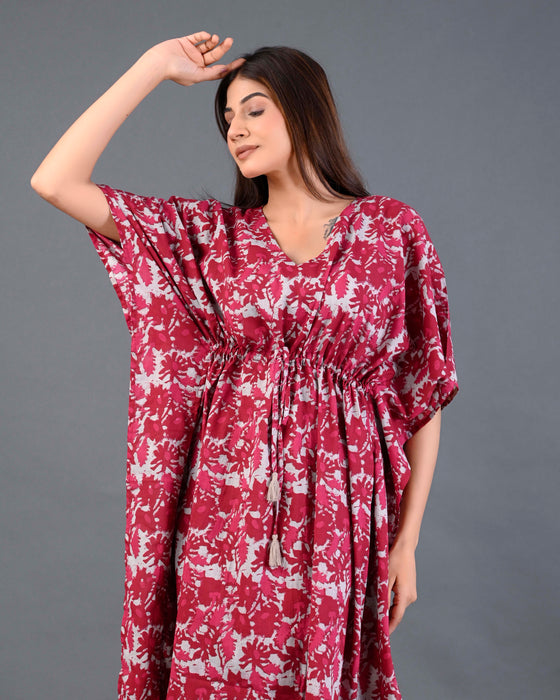 Shoolin Red Cotton Kaftan Printed Midi Dress- KF-1