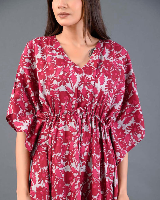 Shoolin Red Cotton Kaftan Printed Midi Dress- KF-1