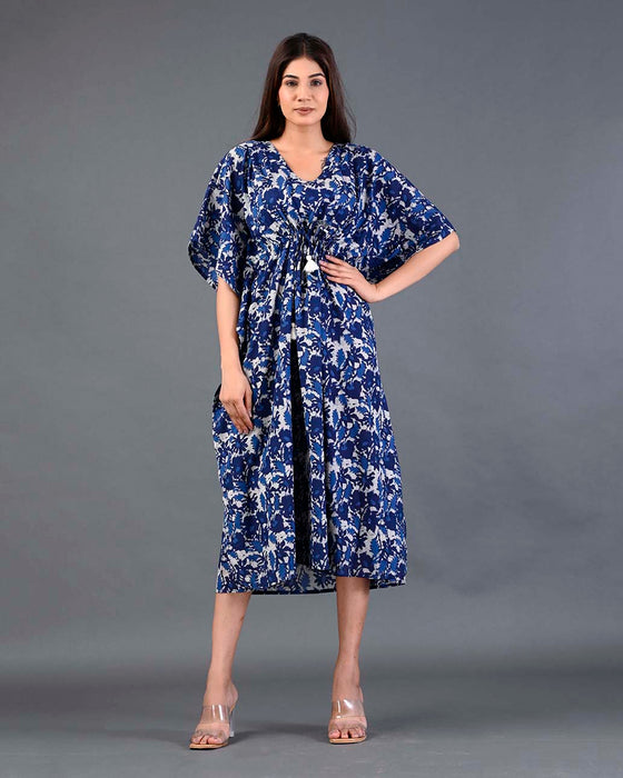 Shoolin Blue Cotton Kaftan Printed Midi Dress- KF-2