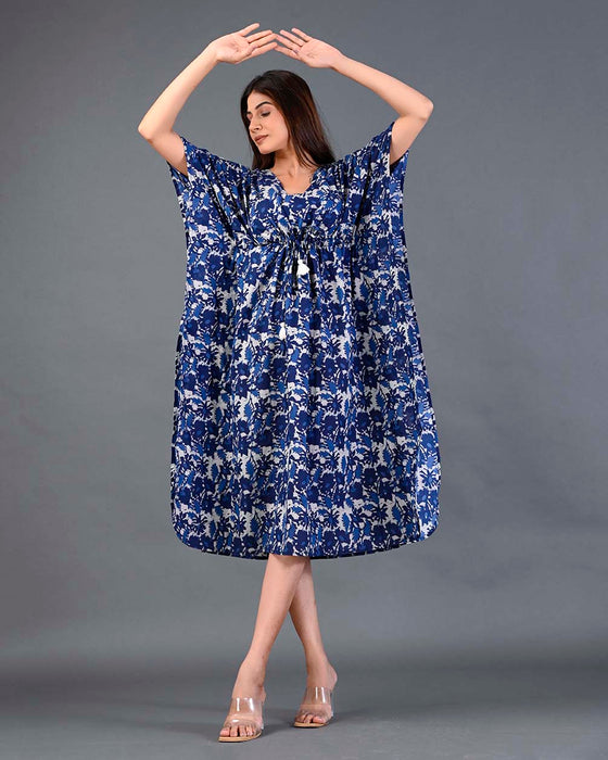 Shoolin Blue Cotton Kaftan Printed Midi Dress- KF-2