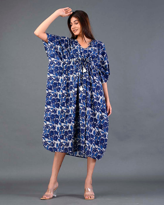 Shoolin Blue Cotton Kaftan Printed Midi Dress- KF-2