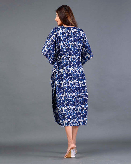 Shoolin Blue Cotton Kaftan Printed Midi Dress- KF-2