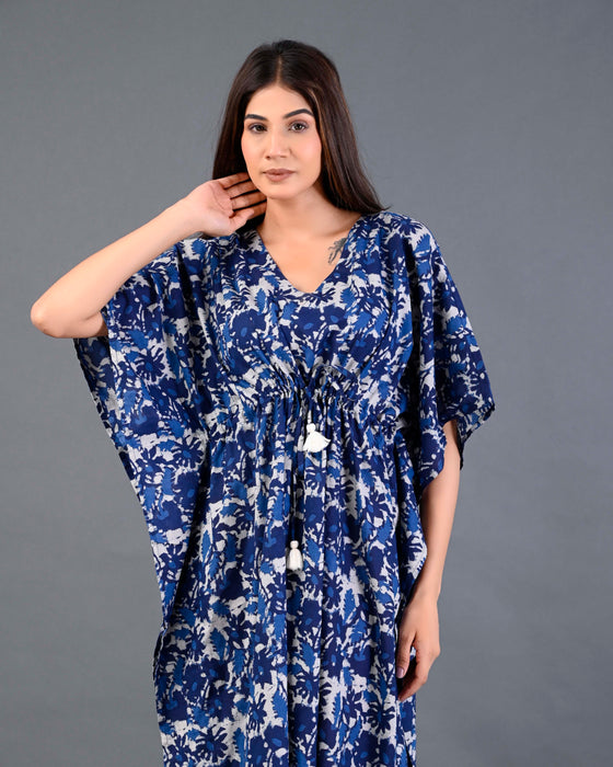 Shoolin Blue Cotton Kaftan Printed Midi Dress- KF-2