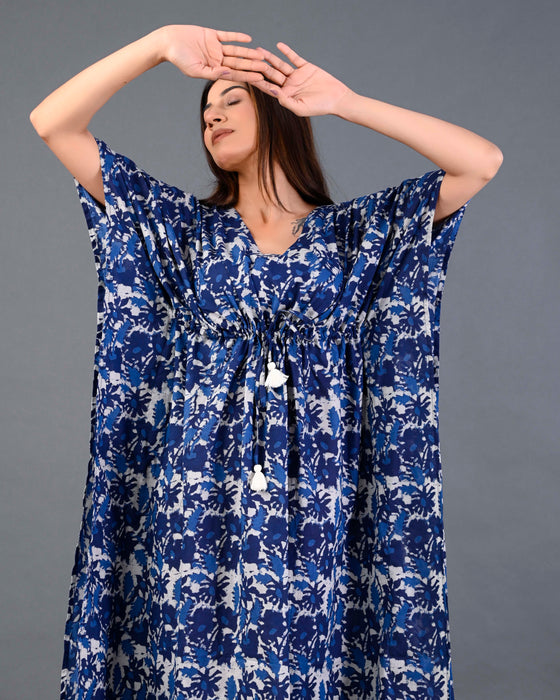 Shoolin Blue Cotton Kaftan Printed Midi Dress- KF-2