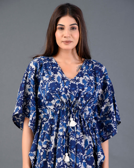 Shoolin Blue Cotton Kaftan Printed Midi Dress- KF-2