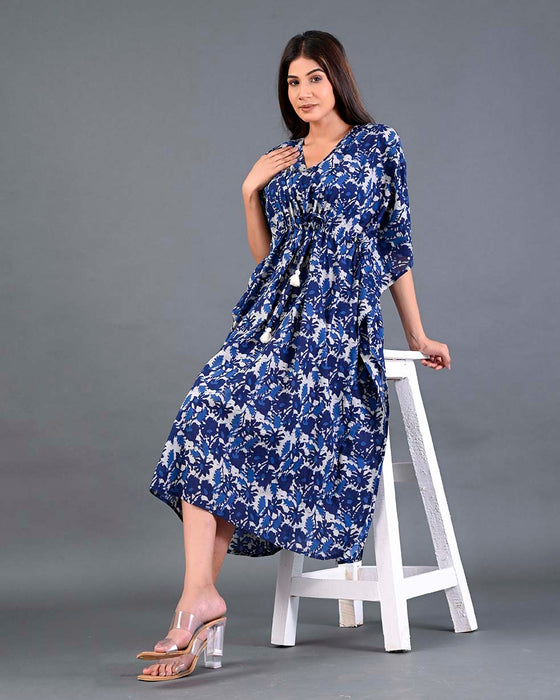 Shoolin Blue Cotton Kaftan Printed Midi Dress- KF-2