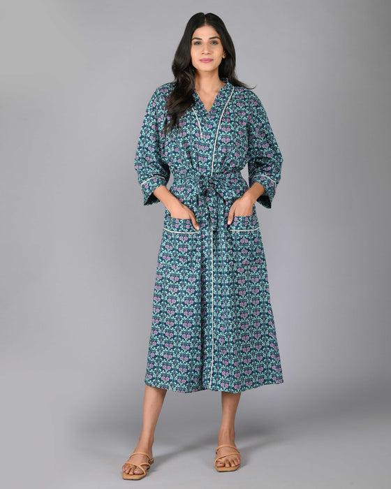 Floral Pattern Kimono Robe Long Bathrobe For Women (Green)-KM-90