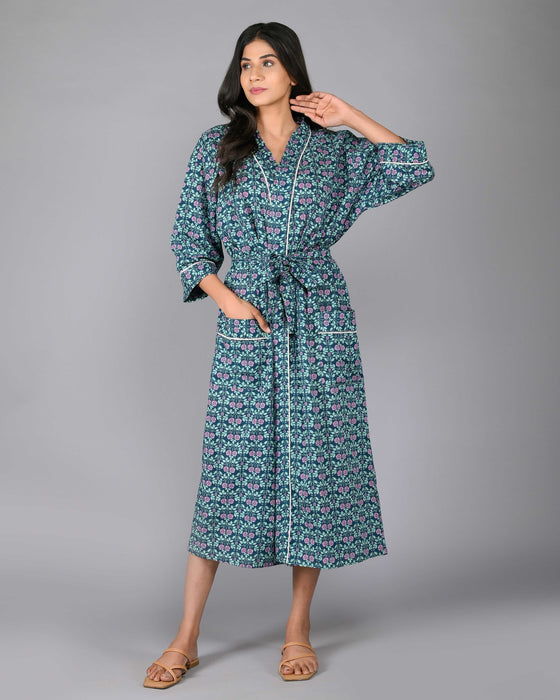 Floral Pattern Kimono Robe Long Bathrobe For Women (Green)-KM-90