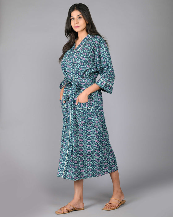 Floral Pattern Kimono Robe Long Bathrobe For Women (Green)-KM-90