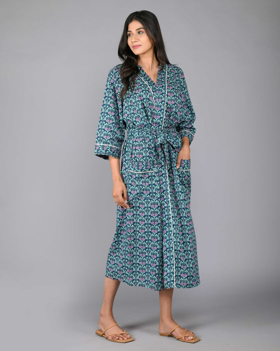 Floral Pattern Kimono Robe Long Bathrobe For Women (Green)-KM-90