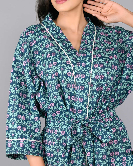 Floral Pattern Kimono Robe Long Bathrobe For Women (Green)-KM-90